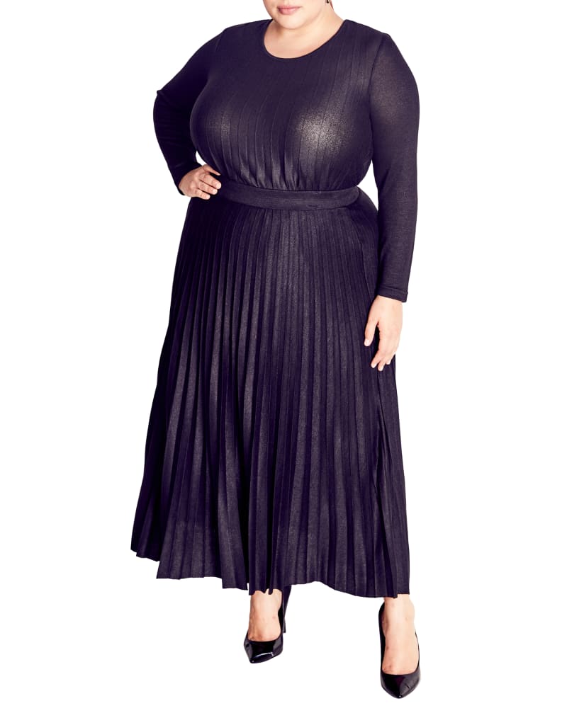 Front of a model wearing a size 14 SKIRT KNIT PLEAT in Black by Arna York. | dia_product_style_image_id:256501